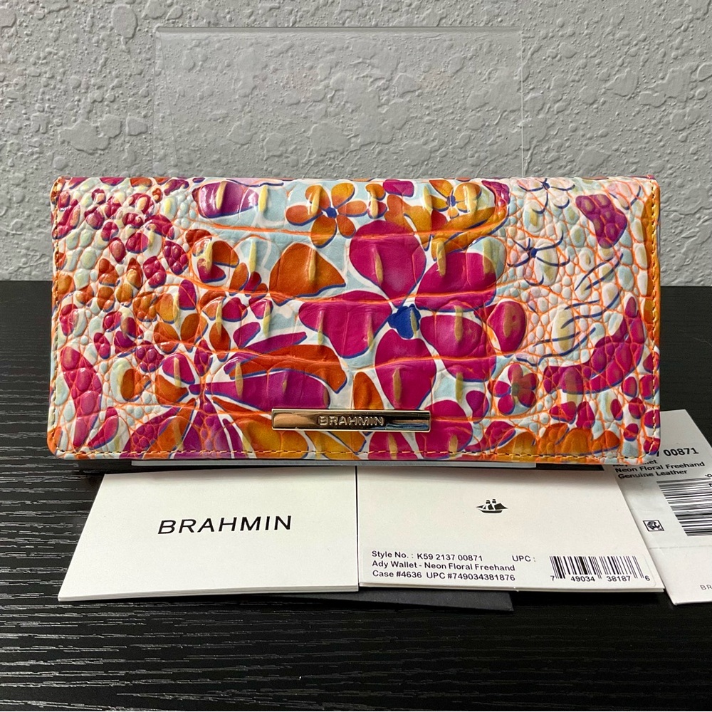 Brahmin NEON FLORAL FREEHAND Leather ADY Slim Wallet NWT